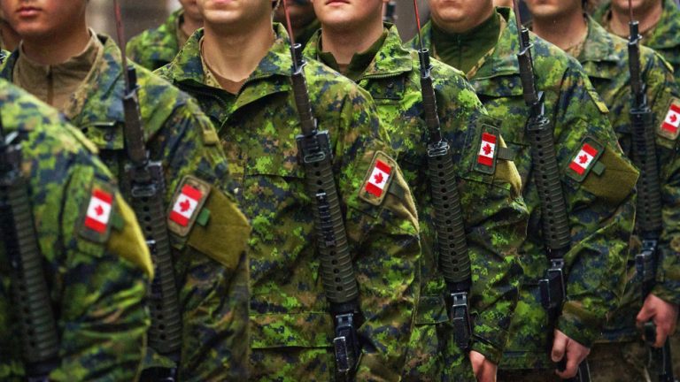 Canadian Armed Forces soldiers in green digital camouflage uniforms standing in formation holding rifles, with Canadian flag patches visible on their sleeves.