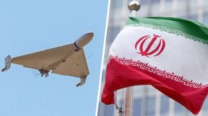 Iranian Shahed kamikaze drone flying against a blue sky alongside the national flag of Iran.