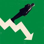 Graphic illustration of Donald Trump in a dark suit standing tilted on a white downward-pointing jagged chart line against a textured green background.