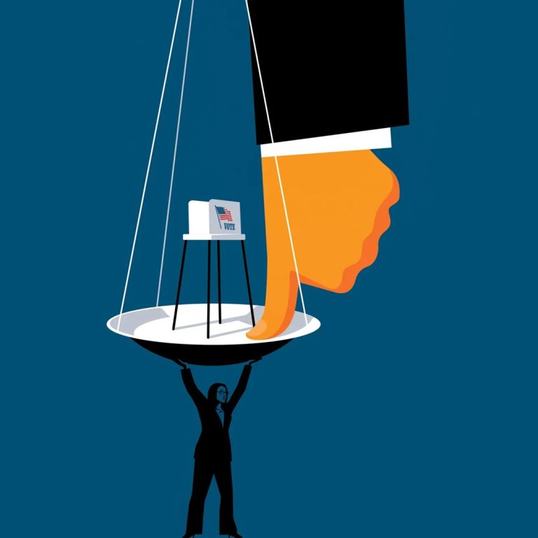 Illustration of a giant hand pressing down on a hanging scale holding a voting booth, while a silhouetted woman in a suit struggles to hold the scale up from below.