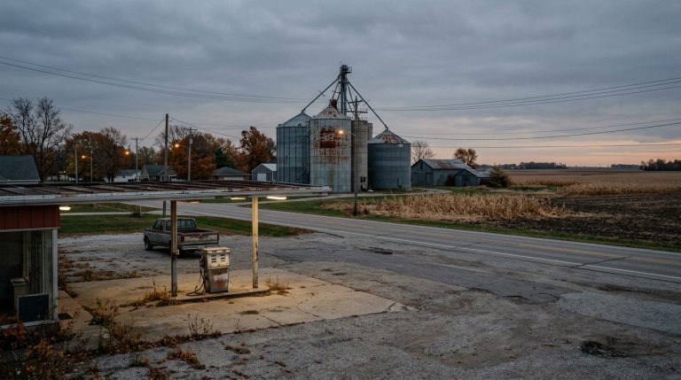 A quiet, rural American landscape featuring an abandoned gas station and old grain silos under a cloudy sky, reflecting economic decline.