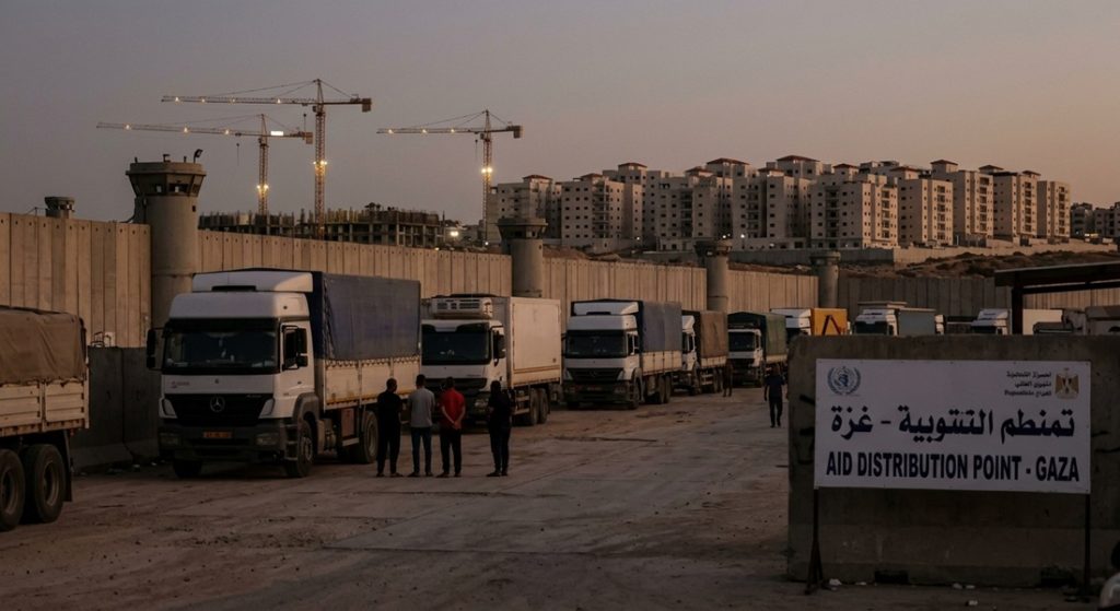 Humanitarian aid trucks parked along a concrete border wall with watchtowers at dusk, next to a sign reading "Aid Distribution Point - Gaza", while apartment buildings and construction cranes rise in the background.