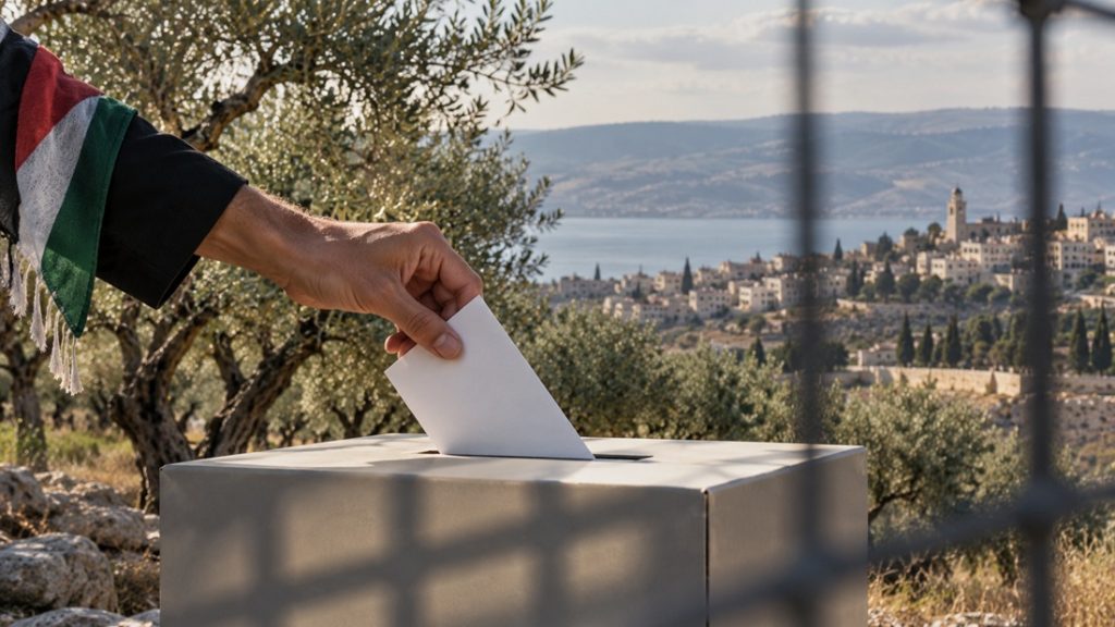 A hand wearing a Palestinian flag armband casting a ballot into a ballot box overlooking an ancient hillside city.
