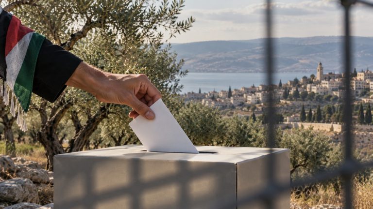 A hand wearing a Palestinian flag armband casting a ballot into a ballot box overlooking an ancient hillside city.