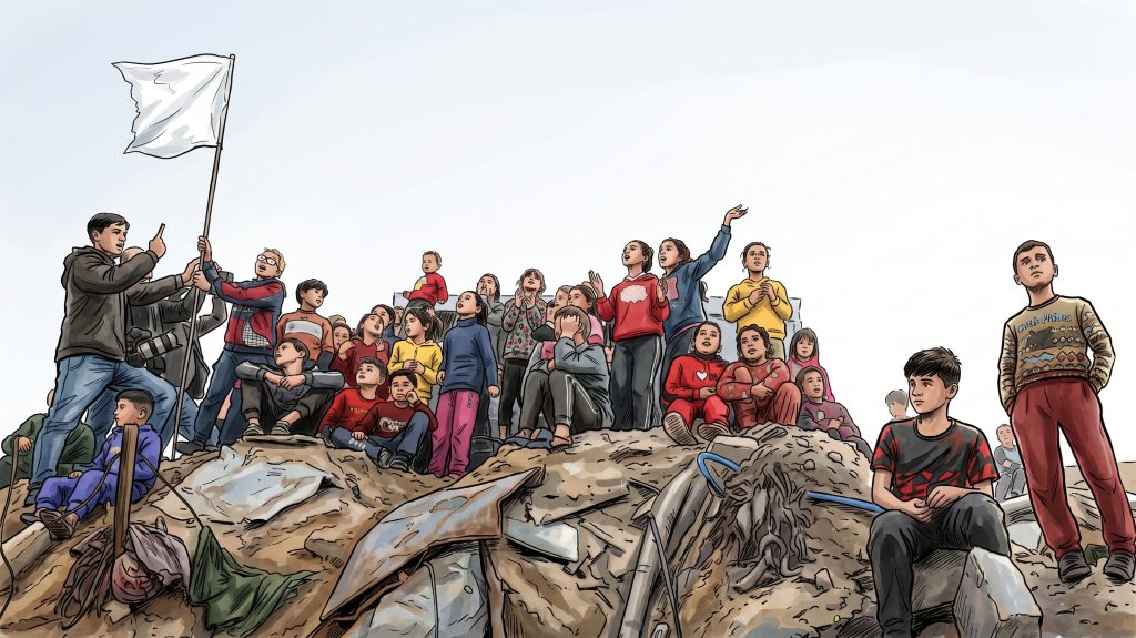 Comic-style editorial illustration of Palestinian children and families sitting atop rubble while raising a white flag.
