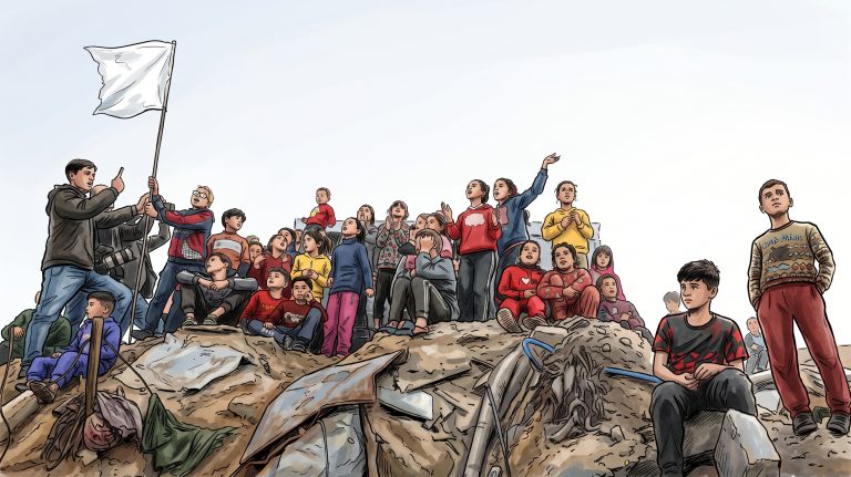 Comic-style editorial illustration of Palestinian children and families sitting atop rubble while raising a white flag.