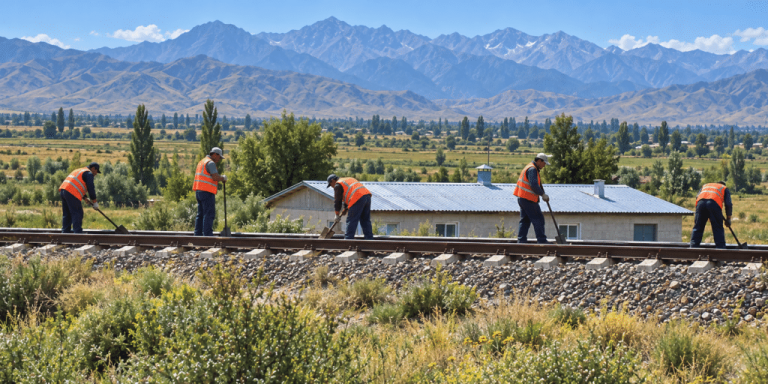 Railway maintenance workers in orange high-visibility vests working on tracks with a mountain range in the background