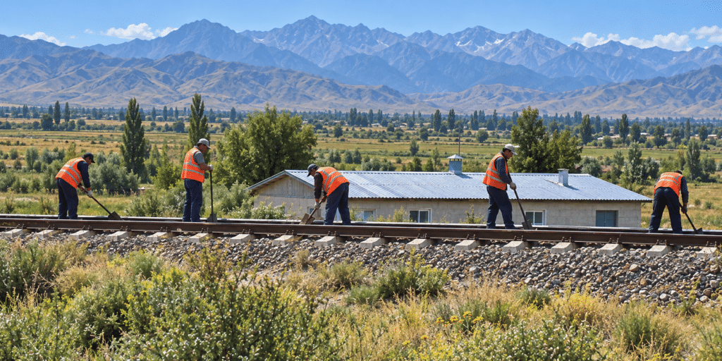 Railway maintenance workers in orange high-visibility vests working on tracks with a mountain range in the background