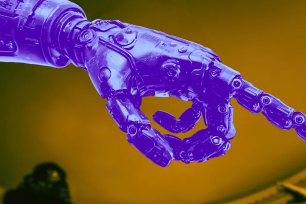 Futuristic purple robotic hand pointing downward against a warm orange gradient background.