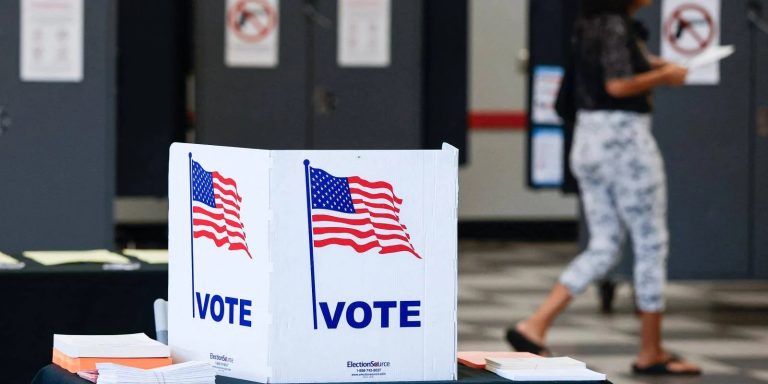 A close-up of a white voting booth featuring an American flag design and a "VOTE" sign inside a polling station.