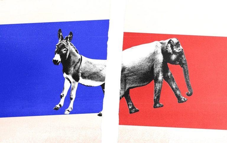 Graphic showing a donkey and an elephant separated by a torn paper seam on blue and red backgrounds