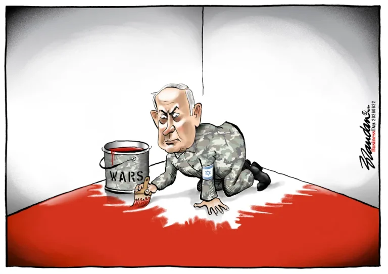 Editorial cartoon by Brandan Reynolds depicting Israeli Prime Minister Benjamin Netanyahu in military fatigues painting himself into a corner with red paint labeled Wars.
