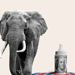 Collage of a Republican elephant, a baby bottle made of a 100-dollar bill, and a Democratic donkey