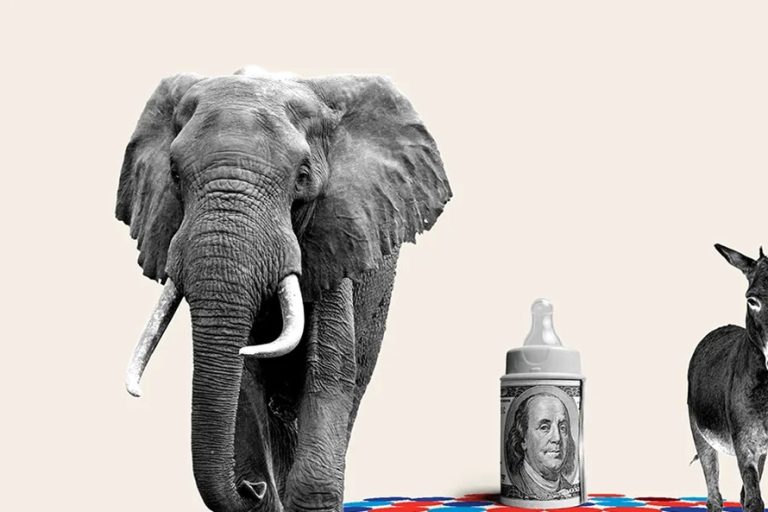 Collage of a Republican elephant, a baby bottle made of a 100-dollar bill, and a Democratic donkey