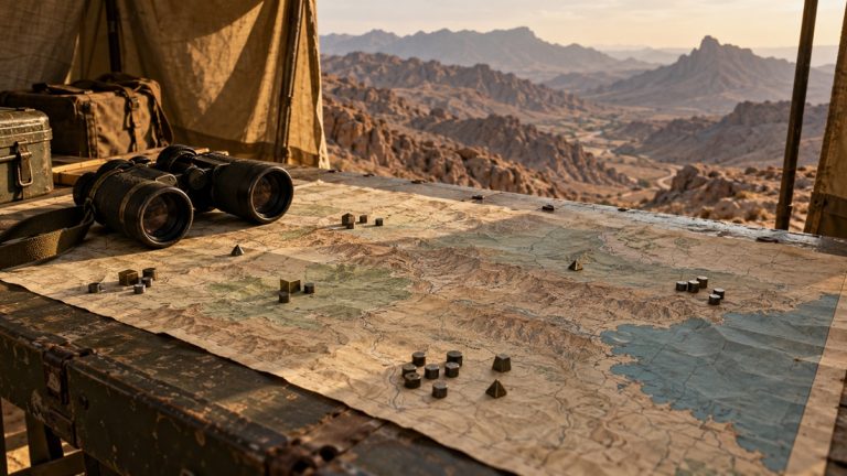 Military tactical map with miniature positioning markers laid out on an outdoor wooden table with binoculars overlooking rugged desert hills.