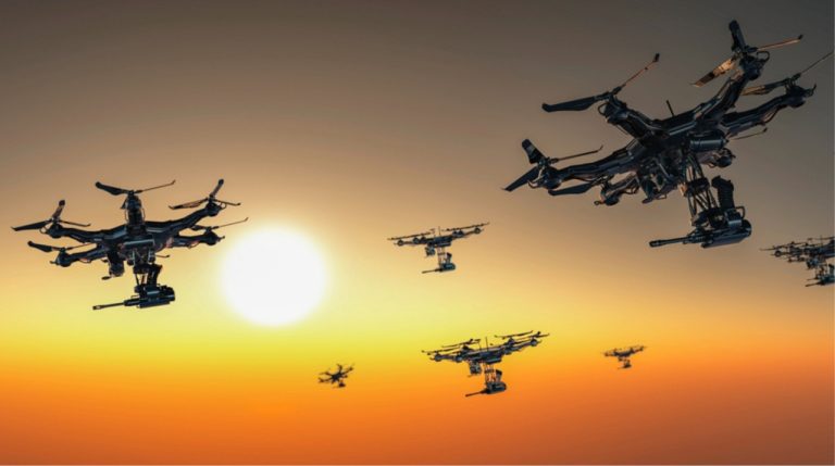 Swarm of military quadcopter drones flying through an orange sunset sky.