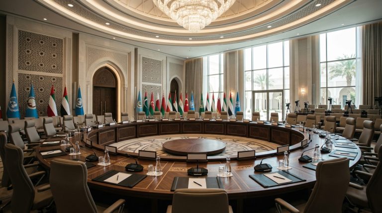 A large, luxurious circular conference room decorated with multiple international flags and a grand chandelier, set up for diplomatic talks.