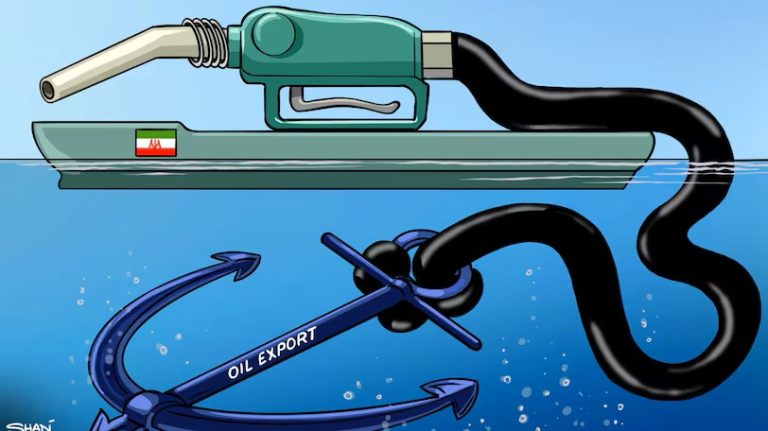 Editorial cartoon showing a ship shaped like a fuel nozzle with an Iranian flag, tied underwater to an anchor labeled Oil Export.