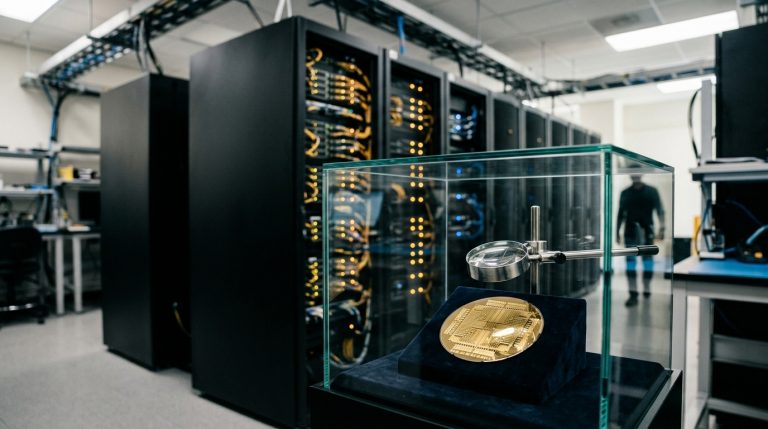 A specialized microchip wafer displayed in a glass showcase inside a high-tech server room with glowing server racks.