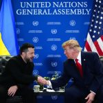 Donald Trump shaking hands with Ukrainian President Volodymyr Zelenskyy at the United Nations General Assembly.