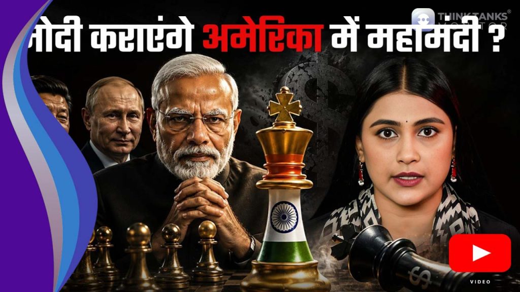 Strategic analysis thumbnail featuring Narendra Modi, Vladimir Putin, Xi Jinping, and a female host beside a chessboard showing an Indian king toppling a US dollar pawn.