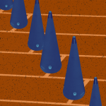 Minimalist illustration of blue missile re-entry cones lined up in lanes on a running track.