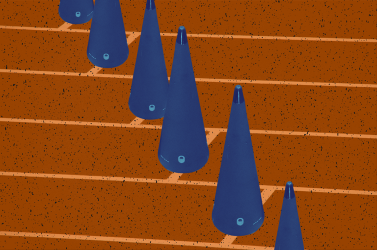 Minimalist illustration of blue missile re-entry cones lined up in lanes on a running track.