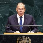 Russian Foreign Minister Sergey Lavrov speaking at the United Nations General Assembly lectern