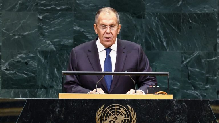 Russian Foreign Minister Sergey Lavrov speaking at the United Nations General Assembly lectern