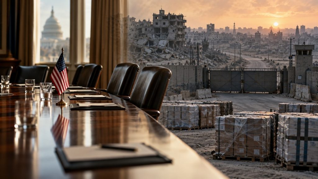 Split scene comparing an official conference room with an American flag to humanitarian aid palettes before a destroyed city skyline.