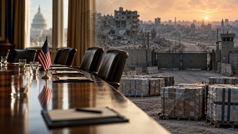 Split scene comparing an official conference room with an American flag to humanitarian aid palettes before a destroyed city skyline.
